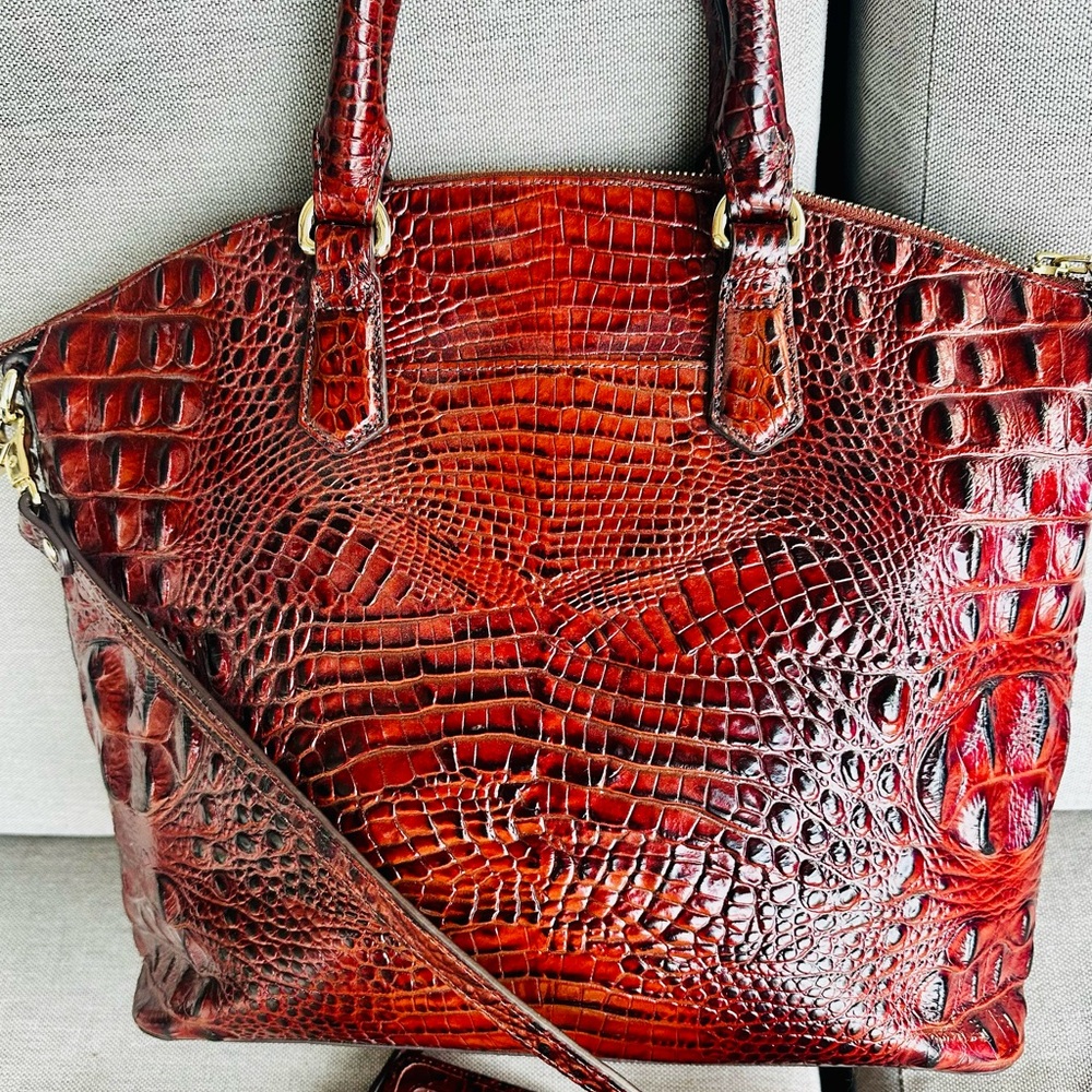 Brahmin Pecan Brown with Reddish Tint Crocodile-Embossed Satchel Set - Picture 2 of 6